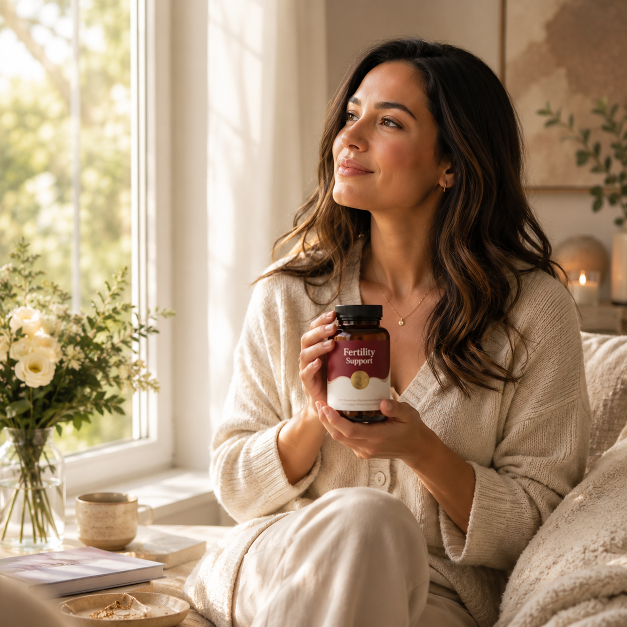 Woman holding Ovelle Fertility supplement by a sunlit window