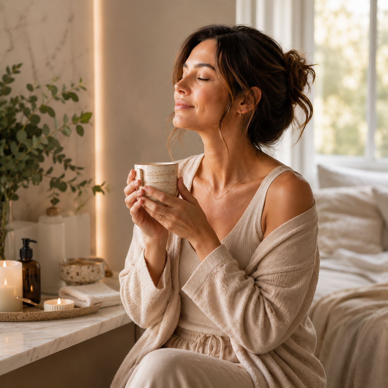 Woman in a calm morning wellness ritual